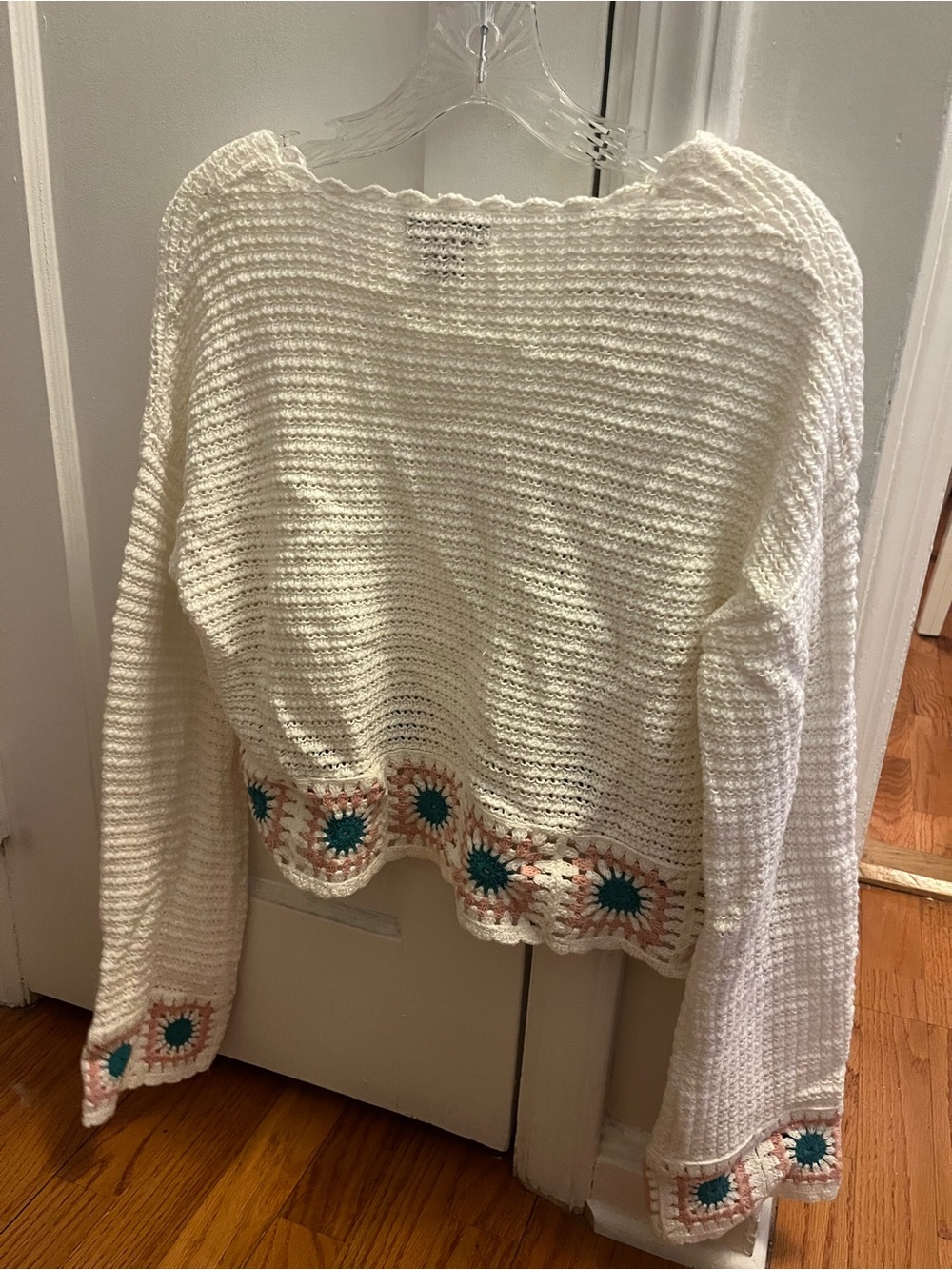 Sincerly Jules White Pullover Sweater with Teal & Pink Crochet Accents - Picture 2 of 2